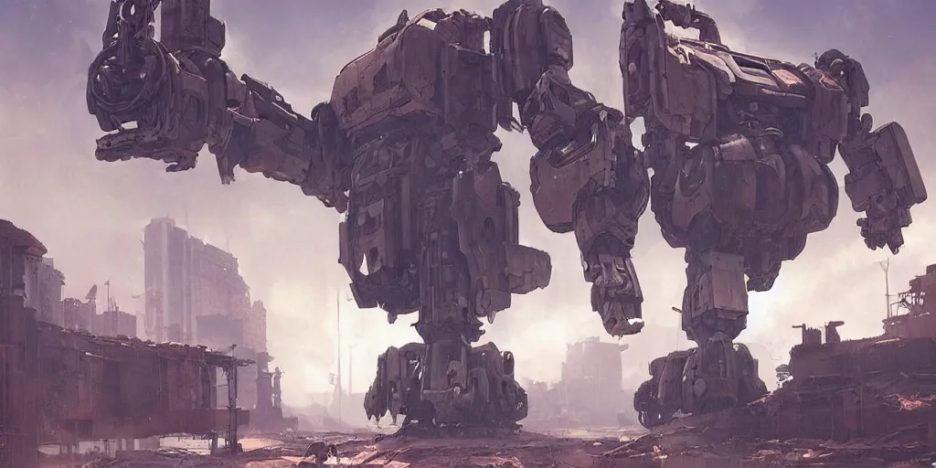 Prompt: heavy mecha robot in the abandoned city by frank frazetta, greg rutkowski, beeple, yoko taro