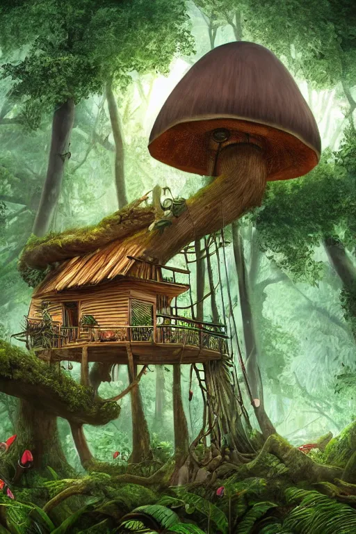 Image similar to a tree house in the jungle, big mushroom growing on tree trunk, by alba ballesta gonzalez and robbie trevino. 4 k wallpaper, digital 2 d, illustration. extremely detailed, cinematic lighting, smooth sharp focus.