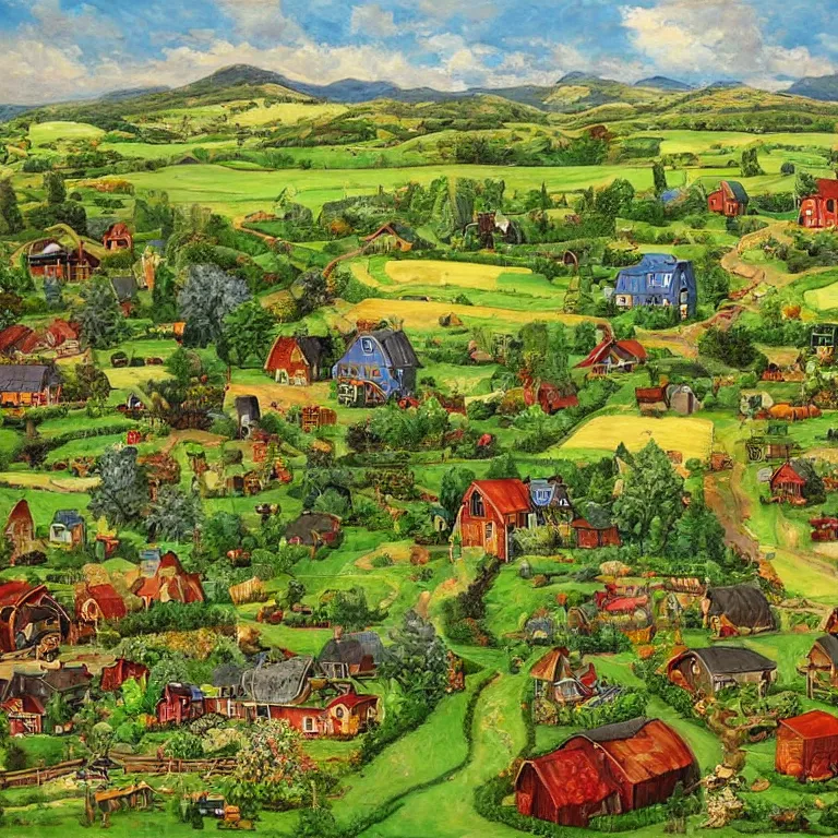 Image similar to rolling valley of farmsteads and gardens by Walt Curlee, fantasy art, folk art