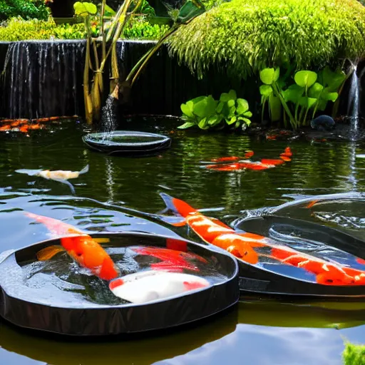 Image similar to car seats floating in a koi pond, 8 k