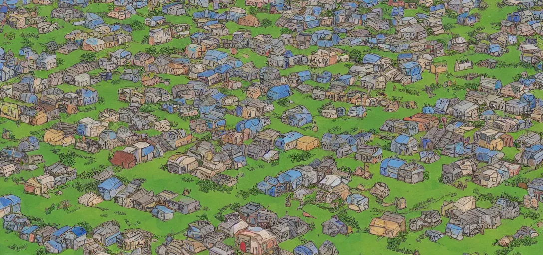 Prompt: a photorealistic digital illustration of a shady shanty town by Studio Ghibli and Herge