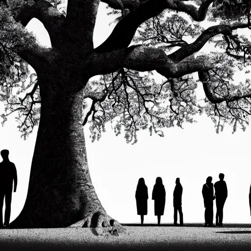 Image similar to a group of people in a park staring up at a gigantic tree, monochromatic, digital art, minimalistic