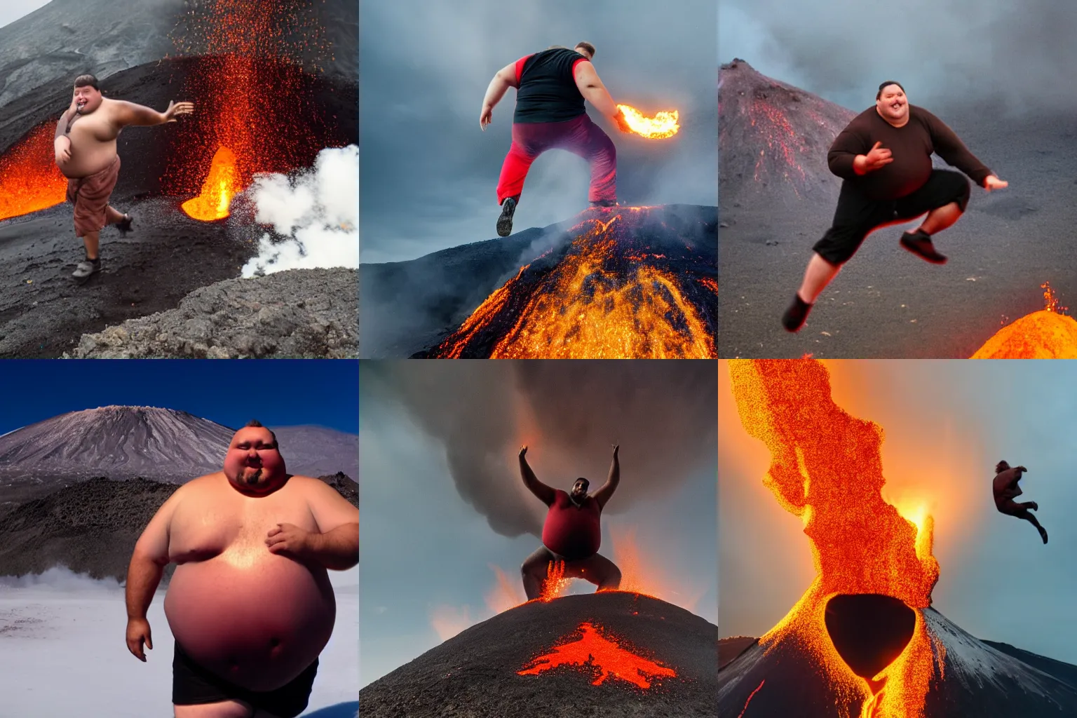 Prompt: fat man jumping into volcano