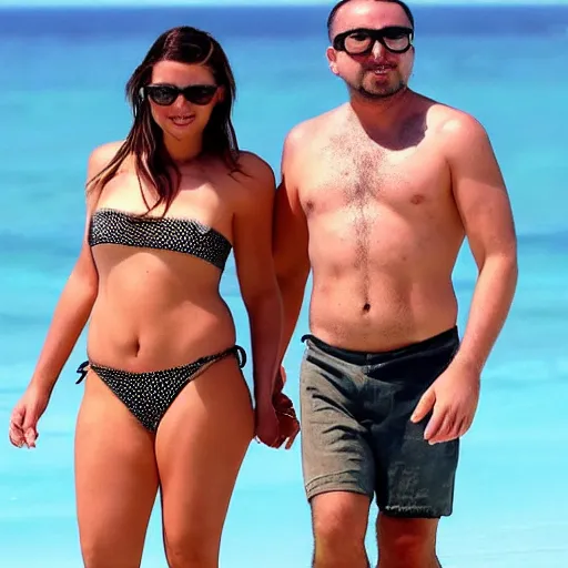 Prompt: photo of a 4 0 year old man that looks young for his age dating a very attractive 2 2 year old woman wearing a bikini.