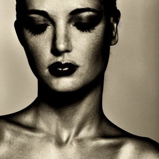 Image similar to Close-up portrait of a femme fatale. Face. Shadow and light. Abstract. Surrealist. Black and white. Side lighting. Golden ratio. Photography by Irving Penn.