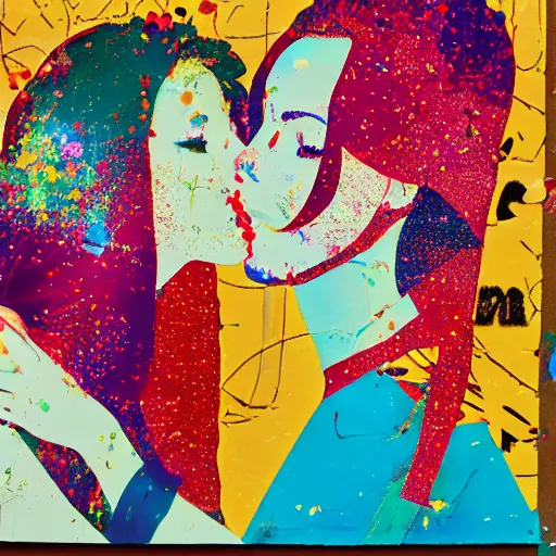 Image similar to two women kissing at a carnival, mixed media collage, retro, paper collage, magazine collage, acrylic paint splatters, double exposure,