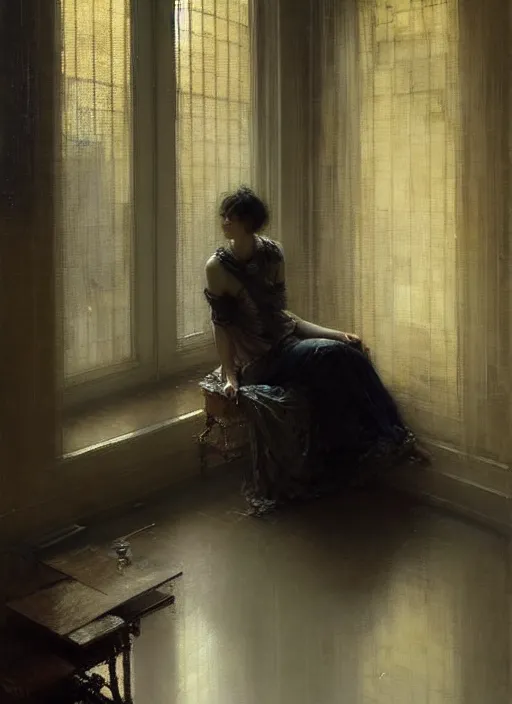 Image similar to a portrait of beautiful woman sitting in the floor, inside a modern apartment, intricate oil painting, hyperdetailed, misty, ethereal, dramatic lighting, by jeremy mann and ruan jia and lawrence alma - tadema