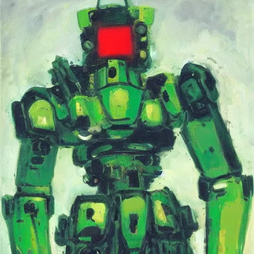 Prompt: combat mecha with a glowing green crotch and expressive brushstrokes by emil nolde, david salle