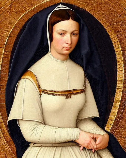 Image similar to kim kardashian as armored battle nun, delicate detailed medieval portrait in the style of eugene de blaas, perfect face