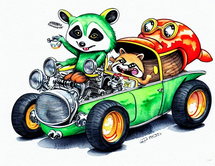 Image similar to cute and funny, racoon riding in a tiny hot rod coupe with oversized engine, ratfink style by ed roth, centered award winning watercolor pen illustration, isometric illustration by chihiro iwasaki, edited by range murata