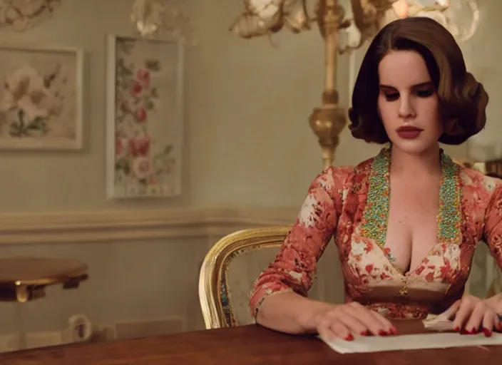 Image similar to Movie still of Lana del Rey wearing Kebaya sitting on a table, directed by Wes Anderson