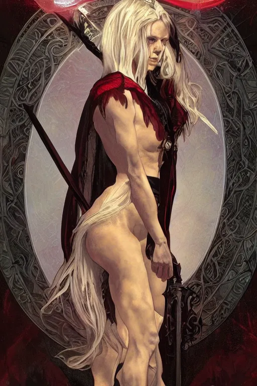 Image similar to tarot card, 4k HD digital full body portrait of Elric of Melibourne, long white hair, black paper, Long black sword with red glowing runes, by Alphonse Mucha, Craig Mullins, Marc Simonetti, Artstation