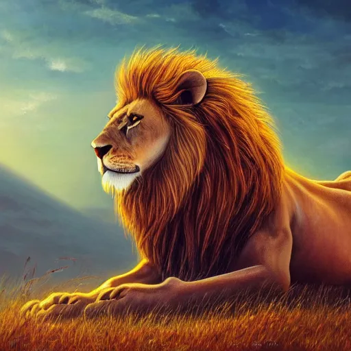 Image similar to a full body shot, detailed photograph of a dreaming lion head in a distance landscape photorealism ultradetailed digital art, irina french, heraldo ortega, mandy jurgens, golden ratio, art canvas, award winning, masterpiece trending on artstation 8 k 1 5 0 mpx