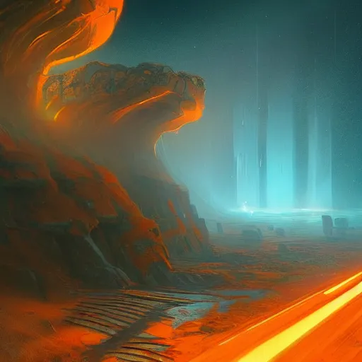 Image similar to Beautiful alien landscape, gas storm volumetric, blue and orange scheme, intricate, cinematic lighting, highly detailed, digital painting, artstation, concept art, smooth, sharp focus, illustration, art by Artgerm and Greg Rutkowski