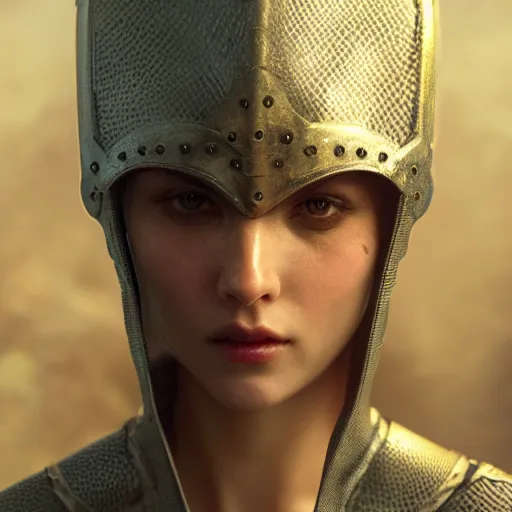 Image similar to knight, 8 k uhd, unreal engine, reflected chrome, octane render in the artstyle of greg rutkowski klimt and nixeu and ian sprigger and wlop and krenz cushart tom bagshaw, unreal engine 5, highly detailed face, true anatomy!, extremely detailed!, fishnets, beautiful