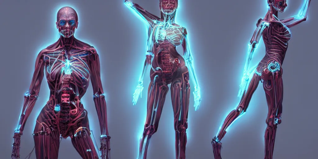 Image similar to female cyborg posing sensual figure x - ray, skeletal, glowing veins under translucent skin, highly detailed skin, bioluminescent, plasma, greg rutkowski, 8 k trending on artstation