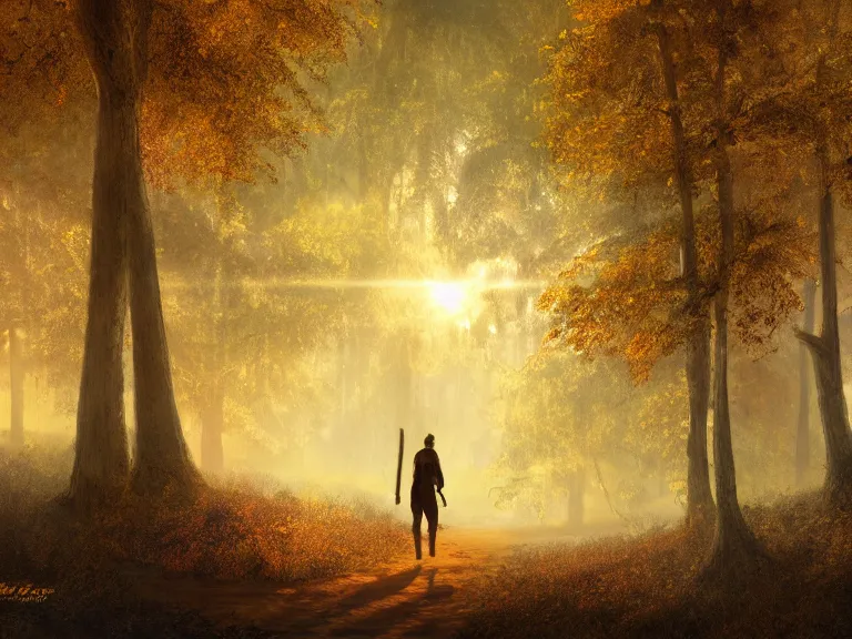 Image similar to a matte painting of an adventurer walking along the river bank in a forest during the golden hour in autumn, surrounded by dust and volumetric light shining through the tree tops, digital painting, detail