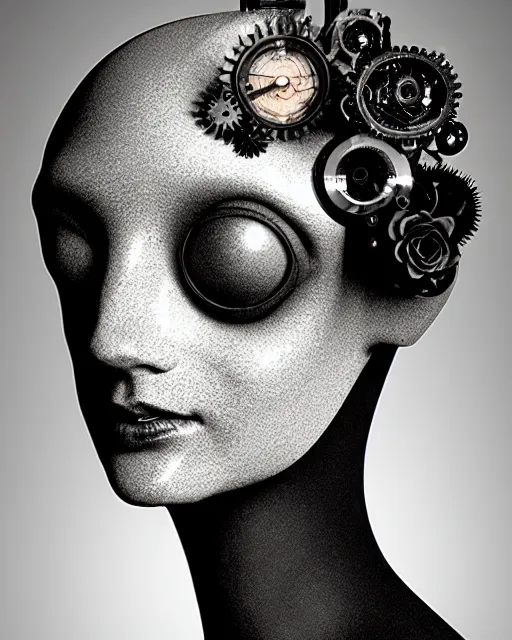 Image similar to black and white dreamy foggy smoky profile face portrait, one silver steampunk eye biomechanical beautiful young female cyclope - cyborg - robot bust, body ribs meshes,, volumetric light, hibiscus flowers, by hg giger, rim light, by dora maar and cecile beaton, big gothic fashion pearl embroidered collar, 8 k