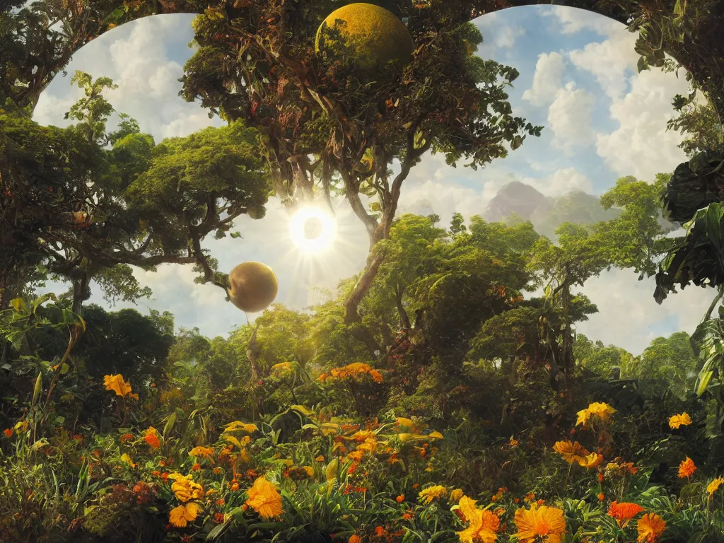 Image similar to sunlight study, the universe is a spheroid region 7 0 5 meters in diameter of kauai wildflower undergrowth, art nouveau, by cornelis de heem and ( ( ( ( ( lisa frank ) ) ) ) ), 8 k, sharp focus, octane render