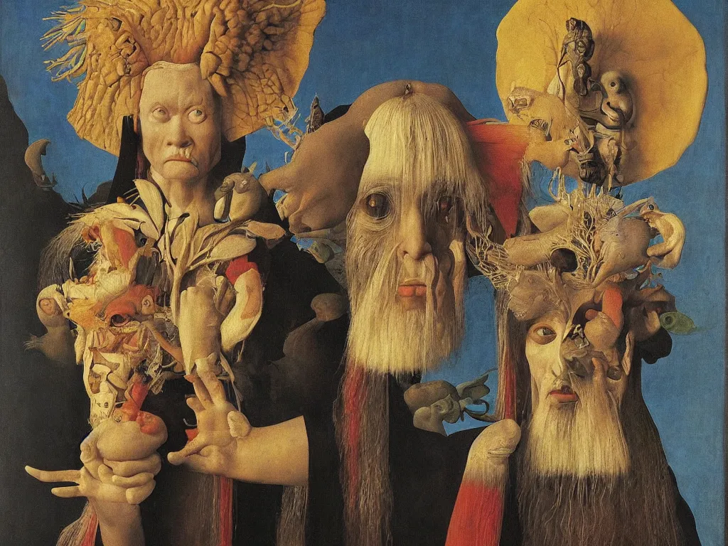 Image similar to Portrait of albino mystic with blue eyes, with beautiful exotic Siberian archaic, primitive, shamanic mask. Painting by Jan van Eyck, Audubon, Rene Magritte, Agnes Pelton, Max Ernst, Walton Ford