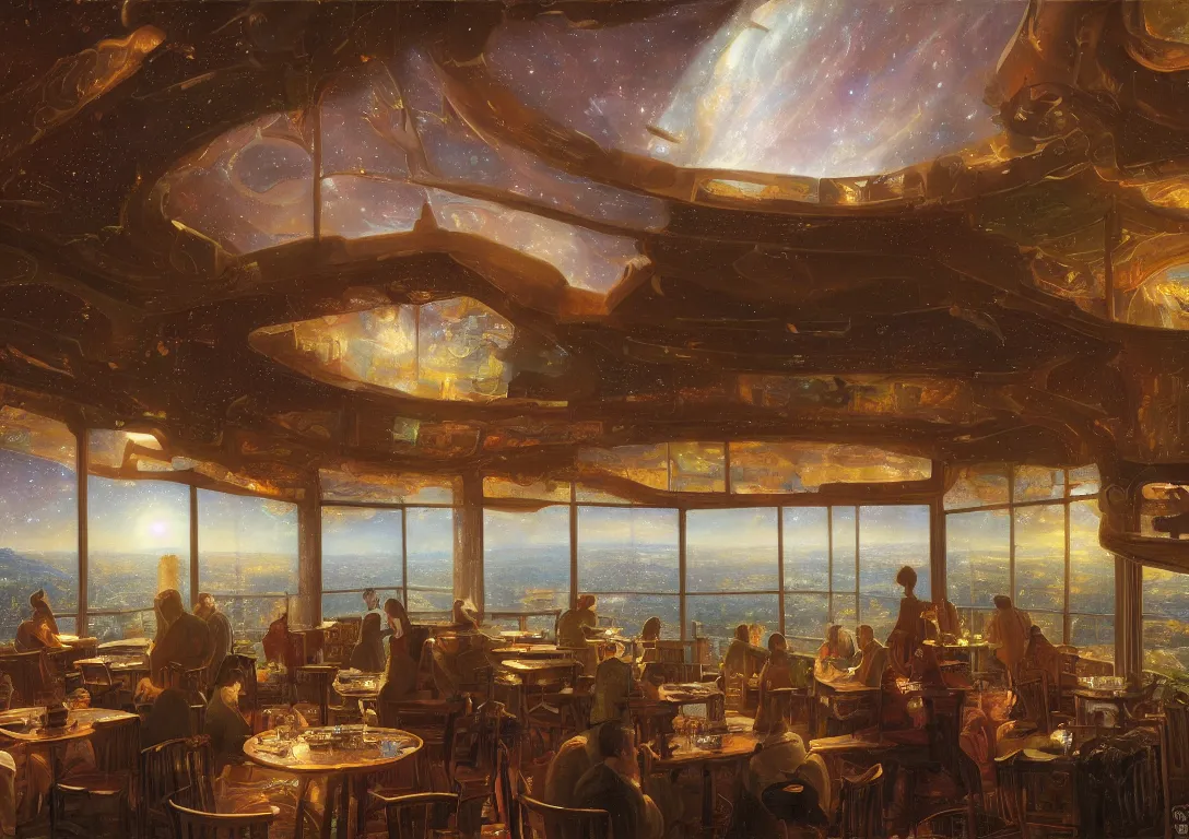 Prompt: a highly detailed panoramic painting of a large cozy cafe, stars and nebulas through the windows, moebius, thomas cole, patrick markle, moody lighting, oil on canvas, 8 k, 4 k, highly detailed