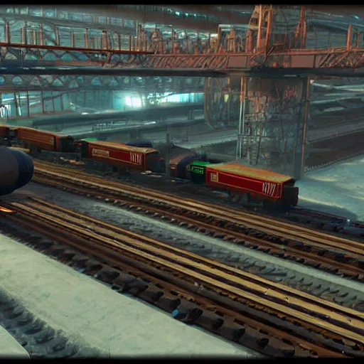 Prompt: Immense industrial futuristic cargo train arrives at cyber punk city station, cinematic lighting,