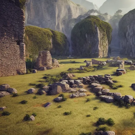 Image similar to a vast picturesque valley with ancient Roman ruins field with limestone rocks, photo real, octane render, artstation, matepaintig, 8K