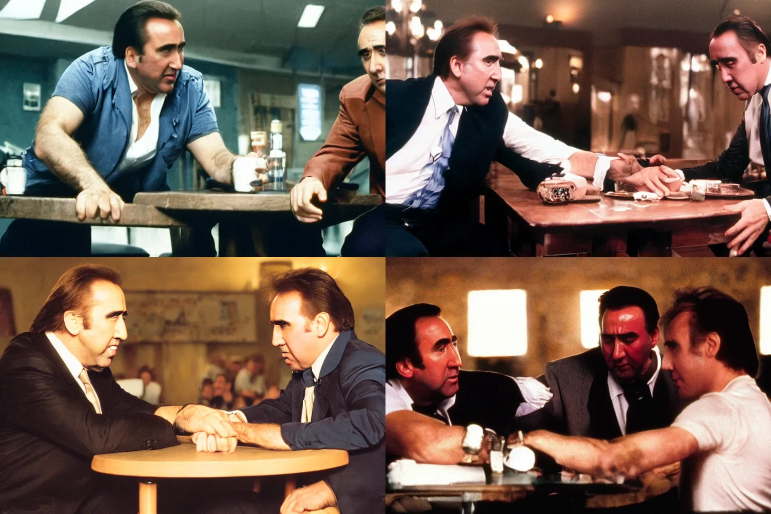 Prompt: Nicolas Cage arm wrestling Bertie Ahern, film still, color, dramatic lighting, 80s,