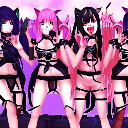 Prompt: death metal band of catgirls playing a heavy song on stage