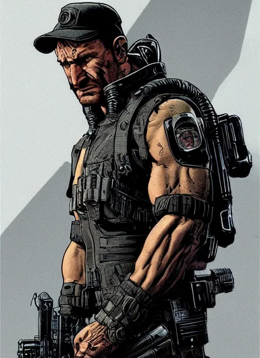 Image similar to the punisher. cyberpunk mercenary in tactical harness and jumpsuit. portrait by stonehouse and mœbius and will eisner and gil elvgren and pixar. realistic proportions. dystopian. cyberpunk 2 0 7 7, apex, blade runner 2 0 4 9 concept art. cel shading. attractive face. thick lines.