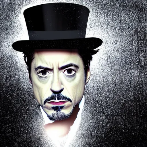 Image similar to photograph portrait of robert downey junior with a trenchcoat and tophat, rain, night, dense fog, hyperdetailed