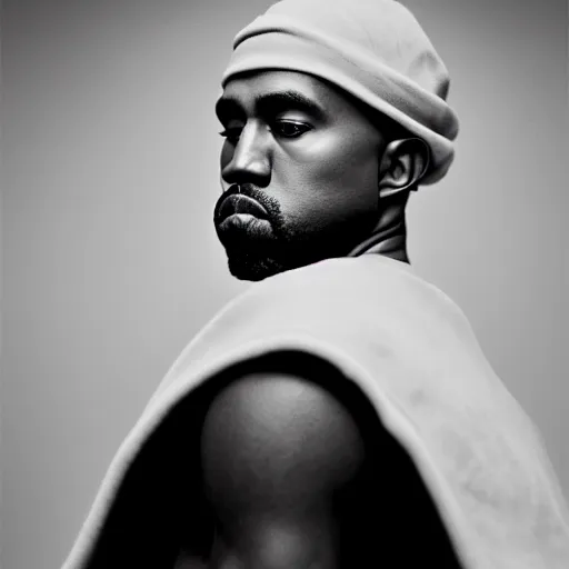 Image similar to a chiaroscuro lighting portrait of kanye west dressed as rick owens, black background, portrait by julia margaret cameron, shallow depth of field, 8 0 mm, f 1. 8