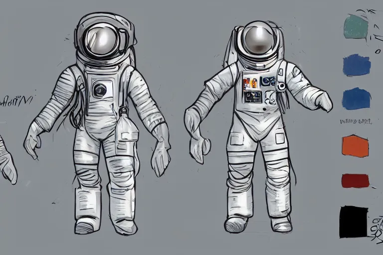 Prompt: Foundation TV Show concept art by Adam Middleton, space suit reference color test