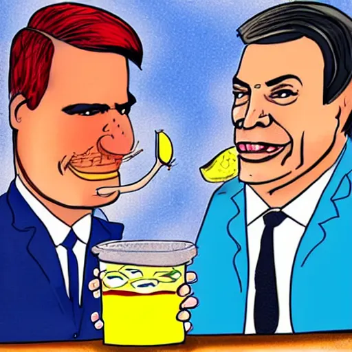 Image similar to cartoon drawing of Bolsonaro and Lula together drinking a lemon drink with Rio de Janeiro mountains on the background