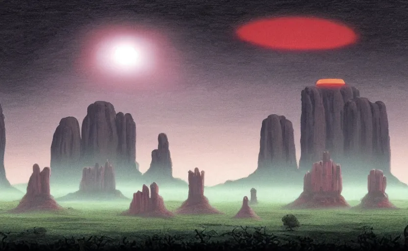 Prompt: a cell - shaded studio ghibli concept art from paprika ( 2 0 0 6 ) of a ufo with lights from close encounters of the third kind ( 1 9 7 7 ) sitting on top of a lush temple that looks like monument valley stonehenge jungle. a caravan is in the foreground. very dull colors, portal, hd, 4 k, hq