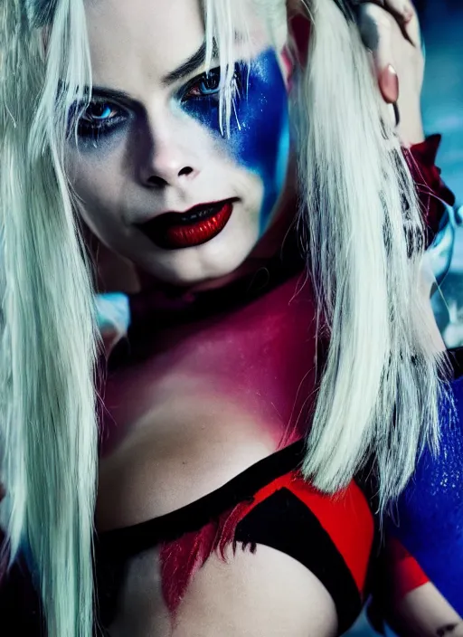 Image similar to photo of seductive beautiful suicide squad happy margot robbie with long white hair that looks like harley quinn standing on the wet street of gotham city, pinup model, glamour fashion pose, cinematic, volumetric lighting octane, studio lighting, global illumination, arney freytag,