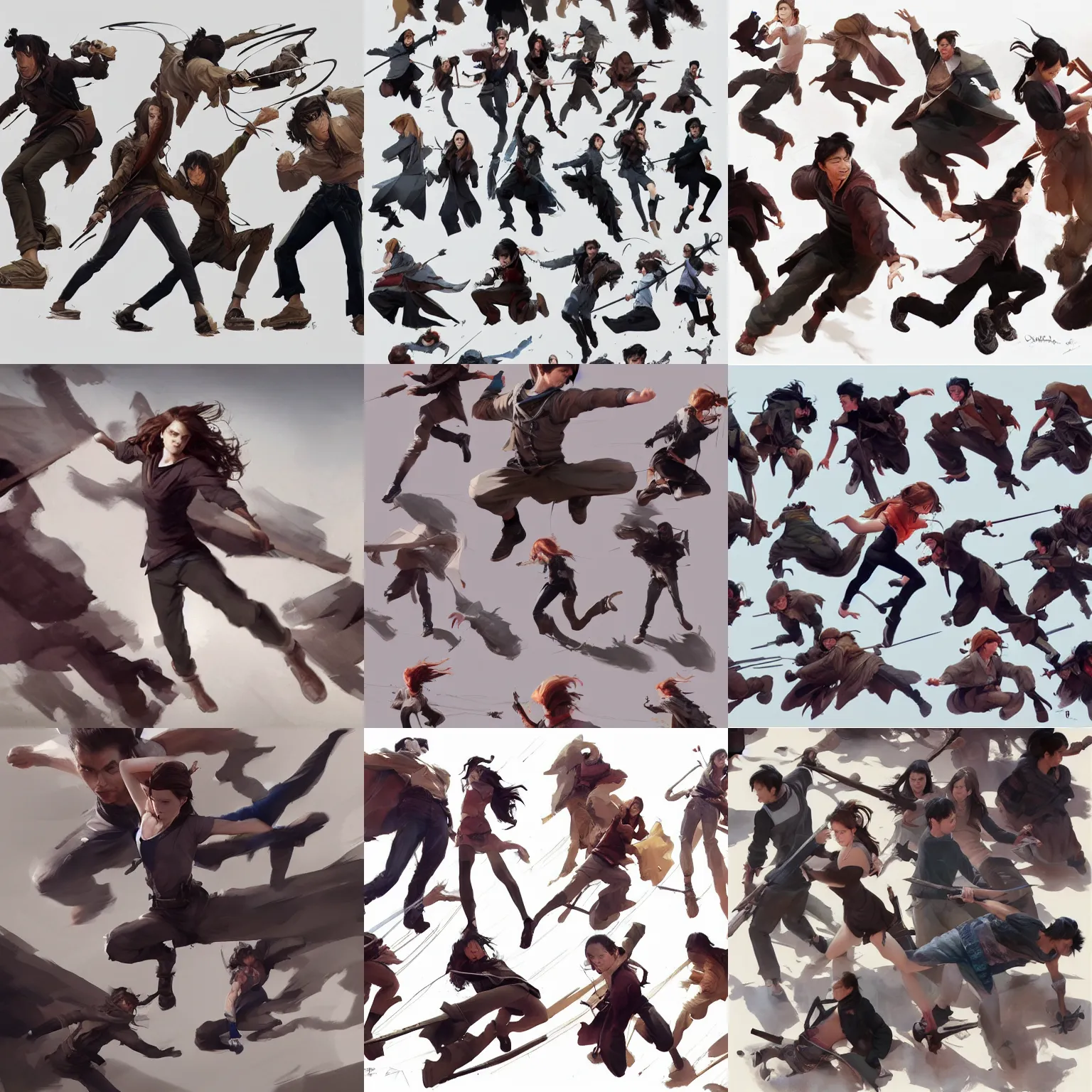 Prompt: emma watson action motion poses taolu jianshu, nanquan, changquan, daoshu, gunshu, qiangshu, nandao and nangun sketch greg rutkowski foreshortening 3 6 0 degree