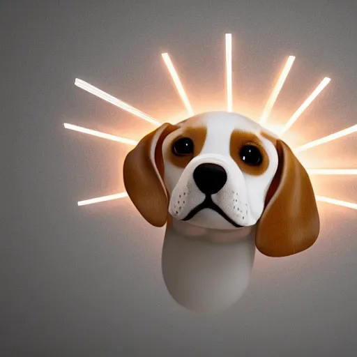 Image similar to a 3d beagle puppy head lamp, placed in a large living room, art designers magazine HD photo superrealism 3d 8k resolution