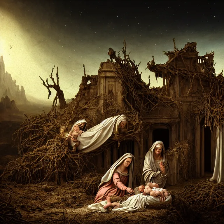 Image similar to ribbed abandoned closeup nativity of jesus scene on exoplanet, baroque painting, standing in a desolate empty wasteland, creepy, nightmare, dream - like heavy atmosphere, surreal abandoned buildings, beautiful detailed intricate insanely detailed octane render trending on artstation, 8 k artistic photography, photorealistic, chiaroscuro, raphael, caravaggio, beksinski, giger