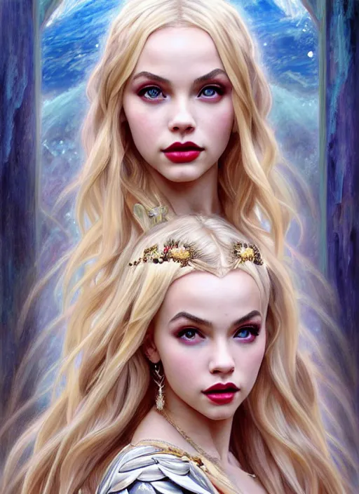 Image similar to ultra realistic illustration, a stunningly beautiful greek gothic goddess of chaos played by jordyn jones and dove cameron and margot robbie and taylor swift and megan fox, intricate, elegant, highly detailed, digital painting, artstation, concept art, smooth, sharp focus, illustration, art by artgerm and greg rutkowski and alphonse mucha