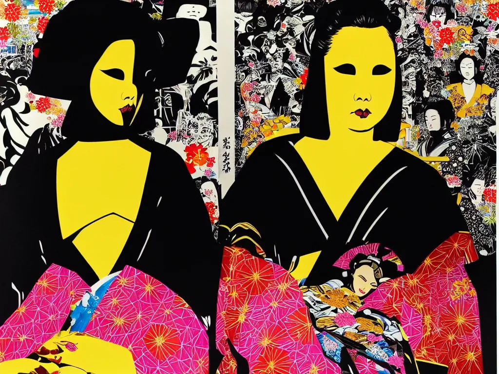 Image similar to hyperrealistic composition of the detailed woman in a japanese kimono sitting at a extremely detailed black jack table with golden darth vader, fireworks, mountain fuji on the background, pop - art style, jacky tsai style, andy warhol style, acrylic on canvas