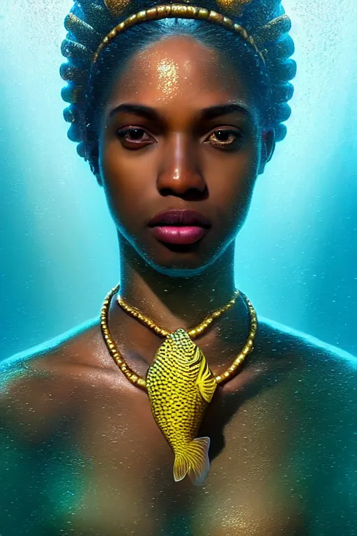 Prompt: hyperrealistic neoclassical cinematic underwater scene with fish and algae, very expressive! translucent african goddess, full body, gold jewerly, highly detailed face, digital art masterpiece, eric zener aykut aydogdu, volumetric light, long shot, low angle uhd 8 k, sharp focus