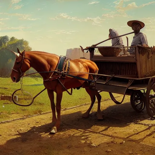 Image similar to a man pulling a cart with a horse on it, hyperrealism, no blur, 4 k resolution, ultra detailed, style of ron cobb, adolf hiremy - hirschl, syd mead, ismail inceoglu, rene margitte