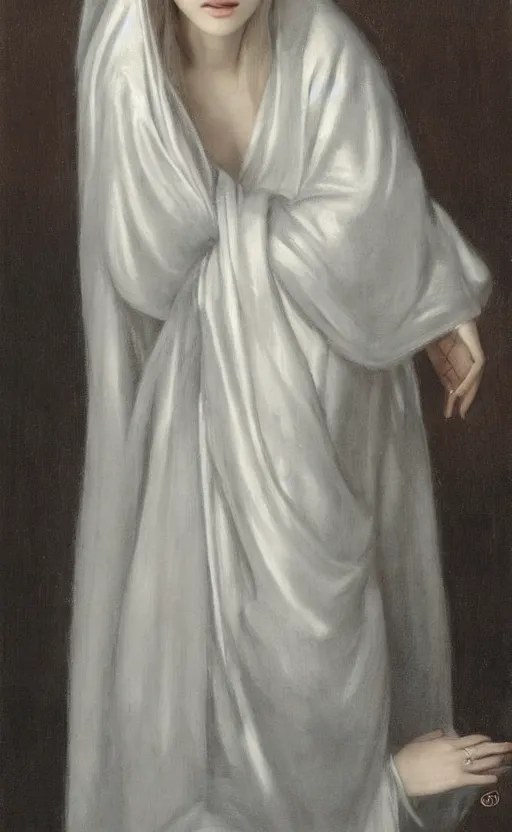 Prompt: angelic beauty with silver hair so pale and wan! and thin!?, flowing robes, covered in robes, lone pale korean goddess, wearing robes of silver, flowing, pale skin, young cute face, covered!!, clothed!! lucien levy - dhurmer, jean deville, oil on canvas, 4 k resolution, aesthetic!, mystery