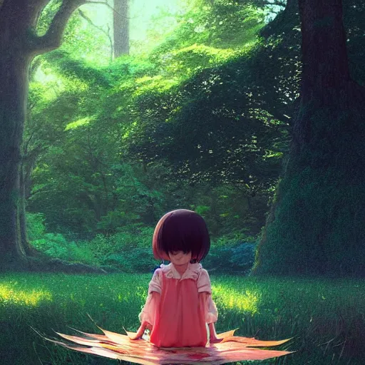 Image similar to very very small little girl by wlop, sitting on a gigantic green leaf by ilya kuvshinov, rtx rendering, octane render 1 2 8 k, maya, extreme high intricate details by tom bagshaw, digital anime art by ross tran, medium shot, close up shot, composition by sana takeda, lighting by greg rutkowski