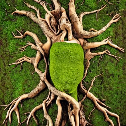 Image similar to mother nature with limbs made of trees and roots, mossy, flowers, human tree hybrid, nature, goddess