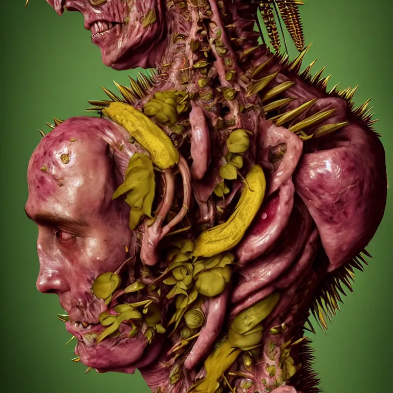 Image similar to portrait of faceless warrior, surrounded by pastel tropical flowers, tropical fruit, human spine, rotten meat flesh with colorful mold, muscle tissue, spikes, baroque painting, beautiful detailed intricate insanely detailed octane render, 8K artistic photography, photorealistic, chiaroscuro, Raphael, Caravaggio, H.R.Giger