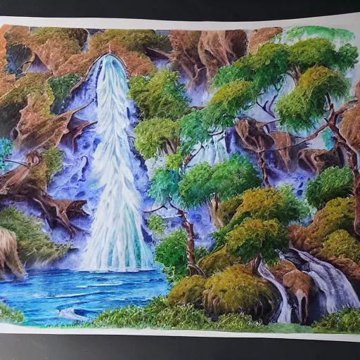 Prompt: water color on paper, elemental waterfall exhibiting all elements, highly detailed, artstation, masterpiece, award - winning,