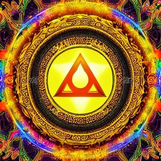 Image similar to rainbowcore, golden yinyang sign glowing, surrounded by lotus, with the sun shining with the moon, with detailed mandala filled with fractals, bioluminescence, glowing runes, de-noise, symmetrical composition, high detailed, super clear, ornate border, 32k immaculate scale, hyper-realistic, Unreal Engine, Octane Render, digital art, trending on Artstation, atmospheric, immaculate