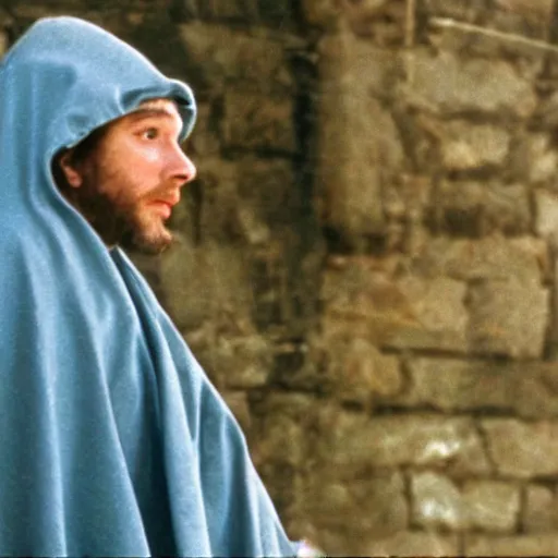 Prompt: medieval man with a light blue hood kicking a flying ( ( witch ) ), 1 9 9 1, movie still
